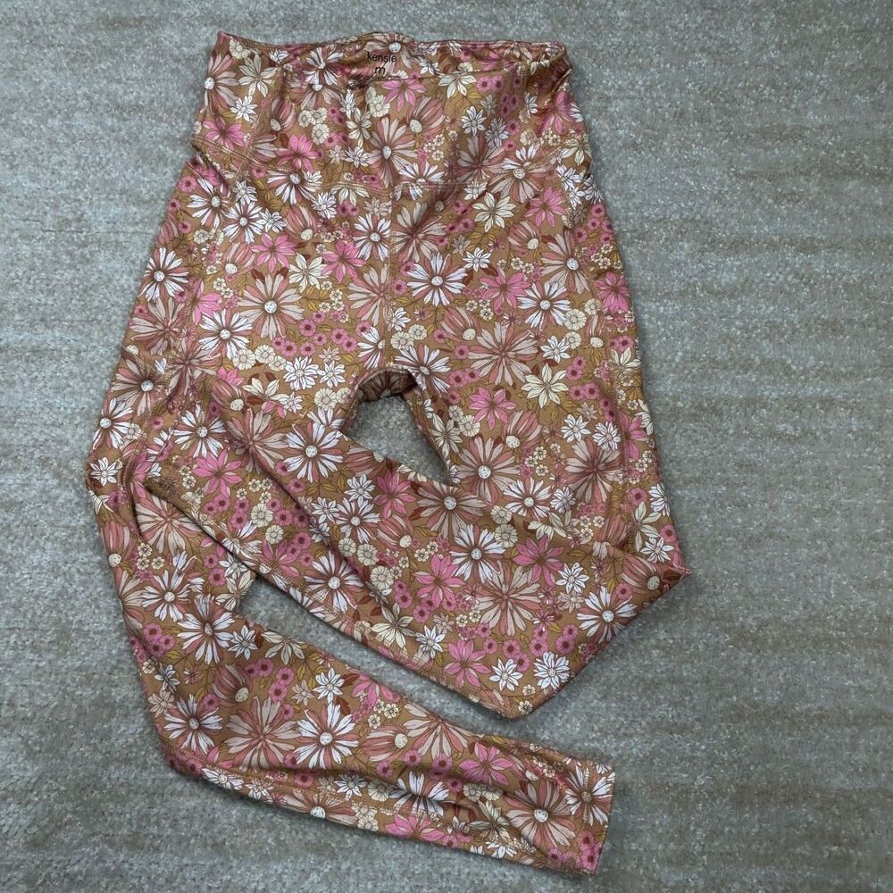 kensie Leggings Womens M Floral High Waist Stretch Pink Brown Activewear Yoga